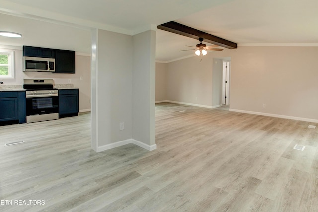 168 Misty Mountain Dr, Maryville, TN 37803 - kitchen featuring stainless steel appliances, light wood-style flooring, ceiling fan, beamed ceiling, and baseboards