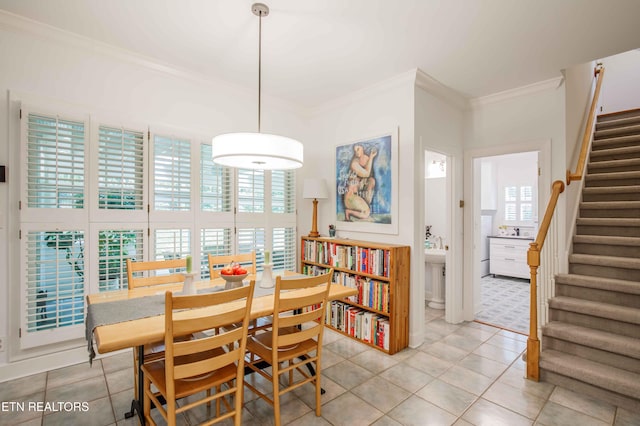129 Whippoorwill Dr, Oak Ridge, TN 37830 - dining room featuring crown molding, stairs, plenty of natural light, and light tile patterned floors