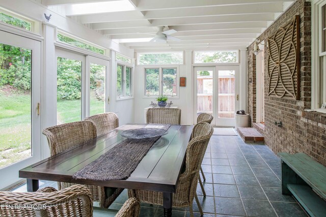 129 Whippoorwill Dr, Oak Ridge, TN 37830 - sunroom / solarium featuring ceiling fan, brick wall, healthy amount of natural light, beam ceiling, and outdoor dining space