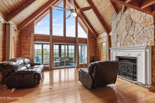 1949 E Mountain View Way, Sevierville, TN 37876 - living room with wooden ceiling with exposed beams, wood walls, a fireplace, wood-type flooring, and high vaulted ceiling