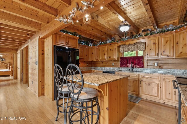 1949 E Mountain View Way, Sevierville, TN 37876 - kitchen featuring wood ceiling with exposed beams, light wood-style floors, stainless steel electric range oven, a sink, and a center island