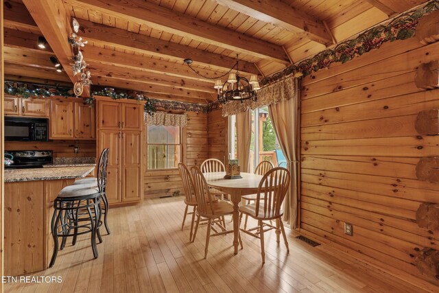 1949 E Mountain View Way, Sevierville, TN 37876 - dining area with wood ceiling with exposed beams, a chandelier, light wood finished floors, and wooden walls
