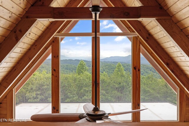 1949 E Mountain View Way, Sevierville, TN 37876 - detailed view of a forest, wooden ceiling with exposed beams, ceiling fan, and a mountainous background