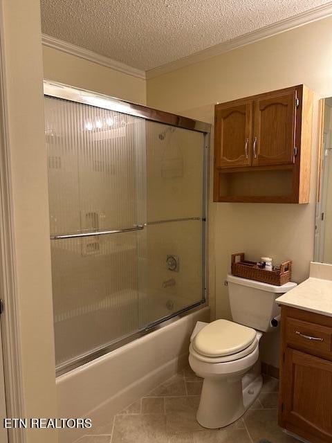 5230 Brig Ln, Knoxville, TN 37914 - full bath with vanity, toilet, ornamental molding, tile patterned flooring, and a textured ceiling