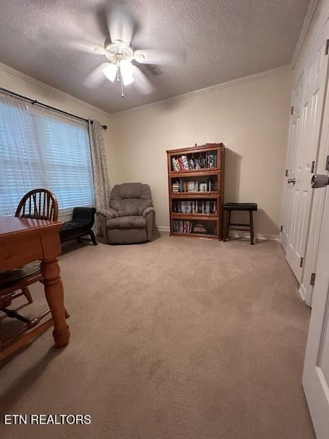5230 Brig Ln, Knoxville, TN 37914 - living area with light colored carpet, a textured ceiling, ornamental molding, a ceiling fan, and baseboards
