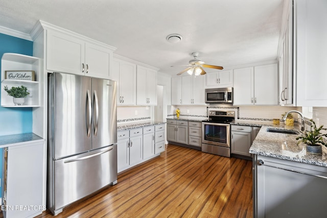 7613 Scenic View Dr, Knoxville, TN 37938 - kitchen with stainless steel appliances, a sink, crown molding, a ceiling fan, and dark wood-style flooring