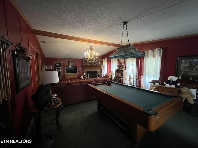 130 New Light Cir, Winfield, TN 37892 - game room featuring a stone fireplace, a textured ceiling, carpet, billiards table, and lofted ceiling