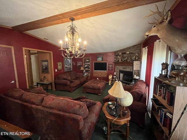 130 New Light Cir, Winfield, TN 37892 - living area featuring lofted ceiling, a chandelier, a fireplace, a textured ceiling, and carpet floors