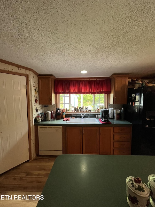 130 New Light Cir, Winfield, TN 37892 - kitchen featuring dishwasher, black refrigerator with ice dispenser, a textured ceiling, a sink, and wood finished floors