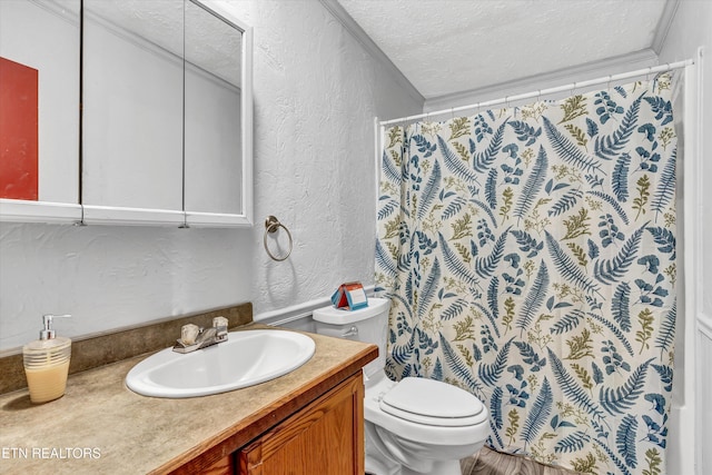 501 Park Ave, Clinton, TN 37716 - full bathroom featuring a textured wall, a textured ceiling, vanity, toilet, and a shower with curtain