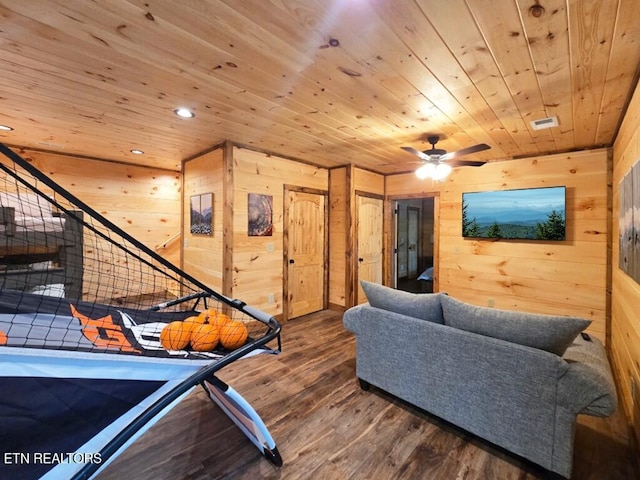 1705 Pkwy View Ct, Sevierville, TN 37876 - living area with wood ceiling, wooden walls, wood finished floors, ceiling fan, and recessed lighting