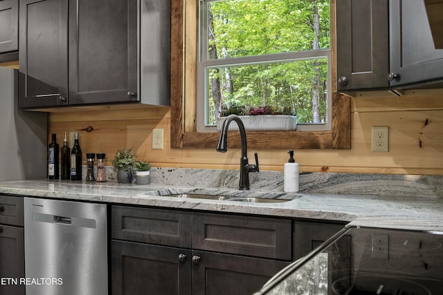 1705 Pkwy View Ct, Sevierville, TN 37876 - kitchen with dishwasher, a sink, light stone countertops, and dark brown cabinets