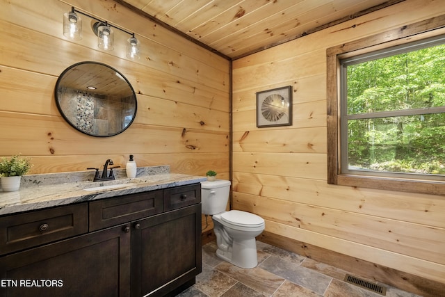 1705 Pkwy View Ct, Sevierville, TN 37876 - bathroom featuring wooden walls, vanity, stone finish flooring, toilet, and wooden ceiling