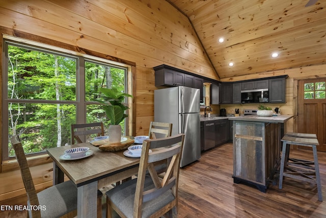 1705 Pkwy View Ct, Sevierville, TN 37876 - kitchen with appliances with stainless steel finishes, lofted ceiling, a sink, light countertops, and wooden ceiling