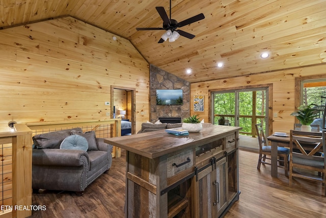 1705 Pkwy View Ct, Sevierville, TN 37876 - kitchen with wood ceiling, plenty of natural light, a ceiling fan, dark wood-type flooring, and a stone fireplace