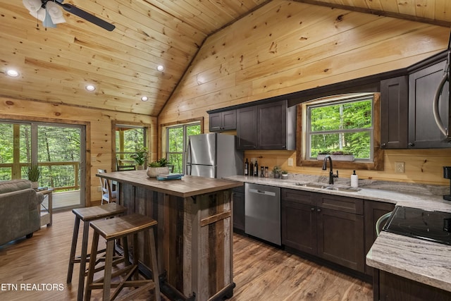 1705 Pkwy View Ct, Sevierville, TN 37876 - kitchen with stainless steel appliances, lofted ceiling, a sink, butcher block counters, and healthy amount of natural light