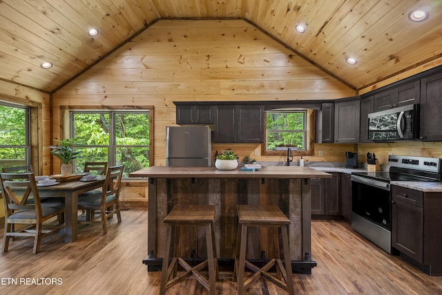 1705 Pkwy View Ct, Sevierville, TN 37876 - kitchen featuring stainless steel appliances, vaulted ceiling, recessed lighting, light countertops, and light wood-style flooring