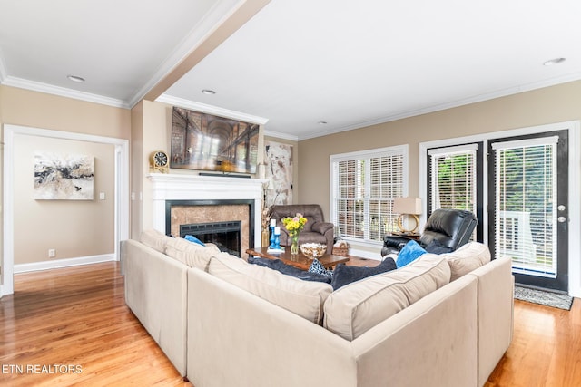 817 Vista Oaks Ln, Knoxville, TN 37919 - living area with ornamental molding, light wood-style flooring, a fireplace, baseboards, and recessed lighting