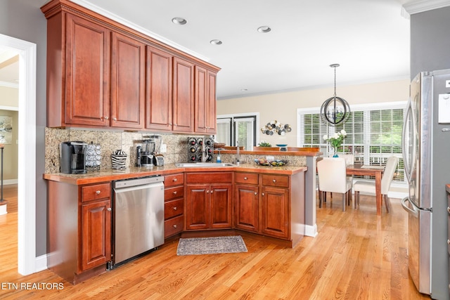 817 Vista Oaks Ln, Knoxville, TN 37919 - kitchen featuring appliances with stainless steel finishes, ornamental molding, light wood finished floors, a peninsula, and plenty of natural light