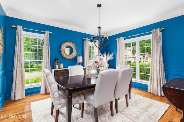 817 Vista Oaks Ln, Knoxville, TN 37919 - dining area featuring a chandelier, plenty of natural light, ornamental molding, wood finished floors, and a decorative wall