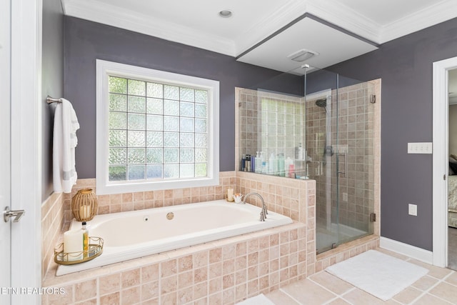 817 Vista Oaks Ln, Knoxville, TN 37919 - bathroom with a bath, a stall shower, ornamental molding, and tile patterned floors