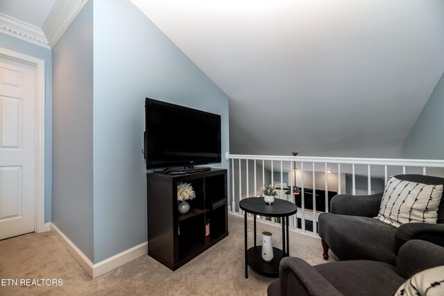 1403 Kenton Way, Knoxville, TN 37922 - living area featuring carpet flooring, baseboards, lofted ceiling, and crown molding