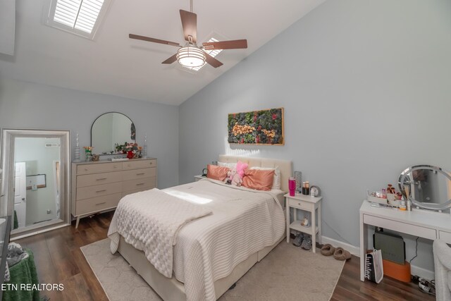 1403 Kenton Way, Knoxville, TN 37922 - bedroom with dark wood-style floors, a ceiling fan, and high vaulted ceiling