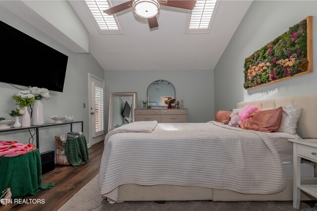 1403 Kenton Way, Knoxville, TN 37922 - bedroom featuring wood finished floors, ceiling fan, high vaulted ceiling, and a skylight