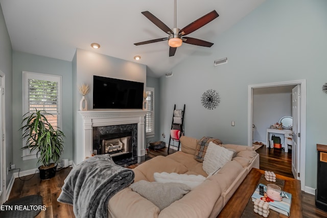 1403 Kenton Way, Knoxville, TN 37922 - living area featuring a high end fireplace, ceiling fan, vaulted ceiling, wood finished floors, and baseboards