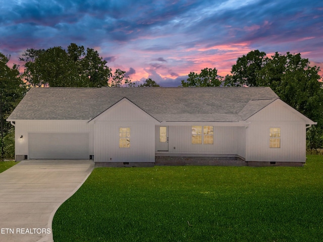 136 Dudley Ln, Tazewell, TN 37879 - view of front of property featuring crawl space, roof with shingles, a yard, and a garage