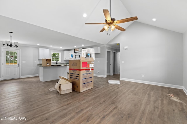 136 Dudley Ln, Tazewell, TN 37879 - living area featuring recessed lighting, a ceiling fan, a chandelier, baseboards, and dark wood-style floors