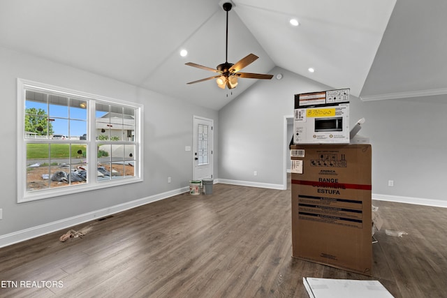 136 Dudley Ln, Tazewell, TN 37879 - unfurnished living room with ceiling fan, wood finished floors, lofted ceiling, baseboards, and recessed lighting