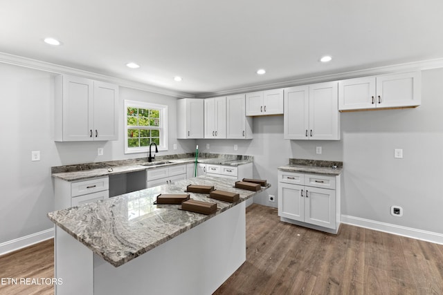 136 Dudley Ln, Tazewell, TN 37879 - kitchen featuring a sink, white cabinetry, dark wood-style flooring, light stone counters, and recessed lighting