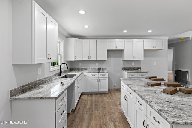 136 Dudley Ln, Tazewell, TN 37879 - kitchen with a sink, crown molding, white cabinets, dark wood finished floors, and recessed lighting