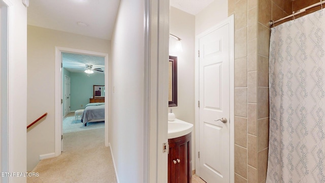 1859 Poplar Hill Rd, Knoxville, TN 37922 - bathroom with vanity, ensuite bathroom, a shower with shower curtain, and a ceiling fan