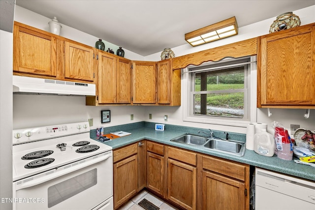 1103 Boles Beaty Rd, Alpine, TN 38543 - kitchen with under cabinet range hood, white appliances, a sink, and brown cabinets