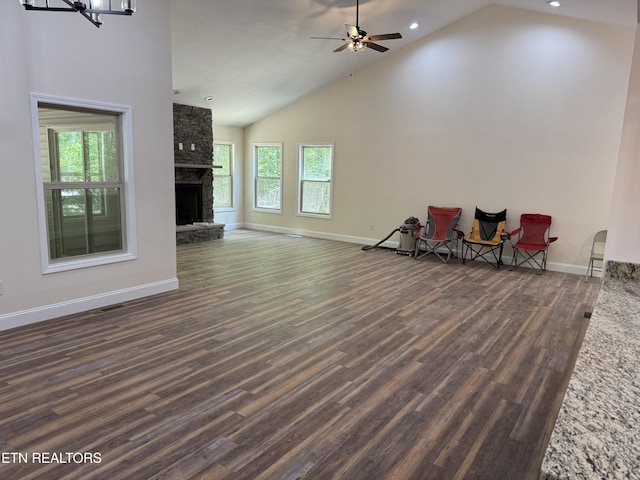 1847 Chinkapin Trl, Monterey, TN 38574 - unfurnished living room with baseboards, dark wood-style flooring, high vaulted ceiling, a ceiling fan, and recessed lighting