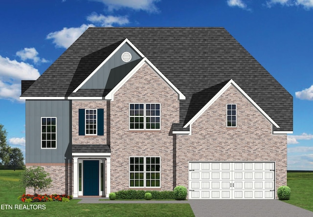 12138 Grand Forks Dr, Knoxville, TN 37932 - view of front facade featuring board and batten siding, brick siding, a garage, driveway, and a front lawn
