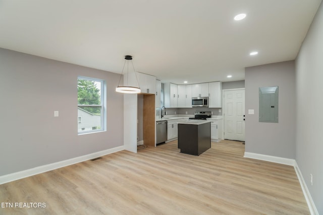 600 N Trinity Ave, Rockwood, TN 37854 - kitchen with stainless steel appliances, electric panel, light countertops, baseboards, and white cabinets