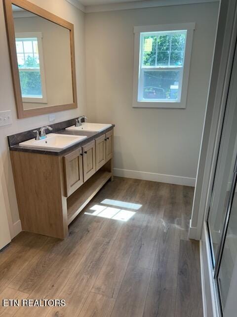 7922 Harmon Rd, Powell, TN 37849 - full bath featuring healthy amount of natural light, wood finished floors, double vanity, baseboards, and ornamental molding