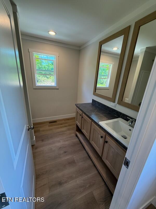 7922 Harmon Rd, Powell, TN 37849 - bathroom with vanity, healthy amount of natural light, ornamental molding, wood finished floors, and recessed lighting
