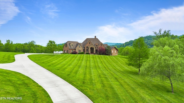 759 Indian Mountain Rd, Jellico, TN 37762 - view of front facade featuring stone siding, a front yard, and a chimney