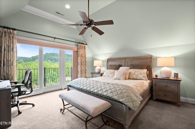 759 Indian Mountain Rd, Jellico, TN 37762 - carpeted bedroom with vaulted ceiling, access to exterior, a desk, ornamental molding, and a ceiling fan