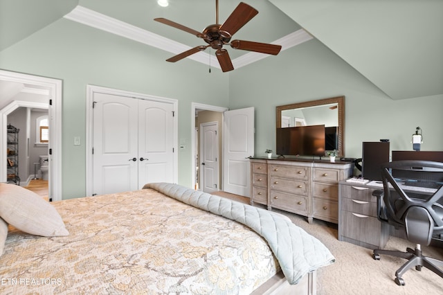 759 Indian Mountain Rd, Jellico, TN 37762 - bedroom with lofted ceiling, crown molding, a desk, a closet, and light colored carpet