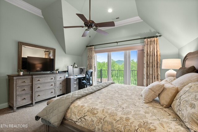 759 Indian Mountain Rd, Jellico, TN 37762 - bedroom featuring access to outside, lofted ceiling, crown molding, an office area, and ceiling fan