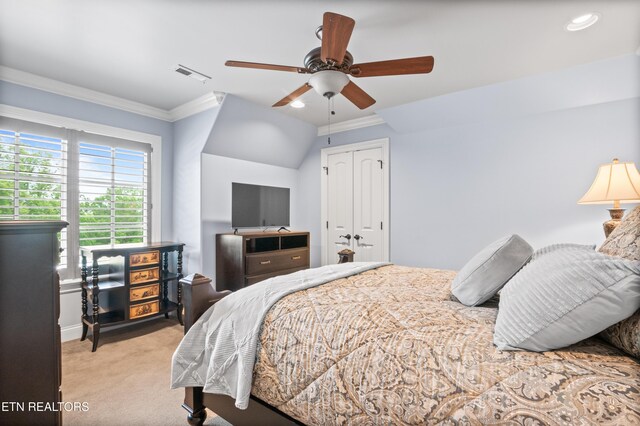759 Indian Mountain Rd, Jellico, TN 37762 - bedroom with light colored carpet, crown molding, a closet, recessed lighting, and a ceiling fan