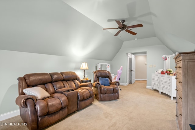759 Indian Mountain Rd, Jellico, TN 37762 - cinema featuring light colored carpet, vaulted ceiling, a ceiling fan, and baseboards