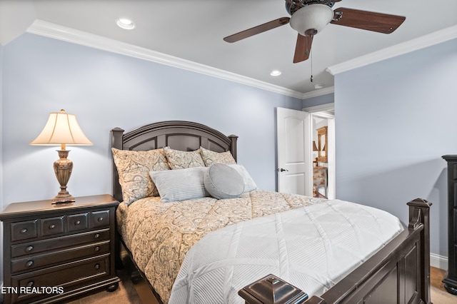 759 Indian Mountain Rd, Jellico, TN 37762 - bedroom with ornamental molding, recessed lighting, ceiling fan, and carpet flooring