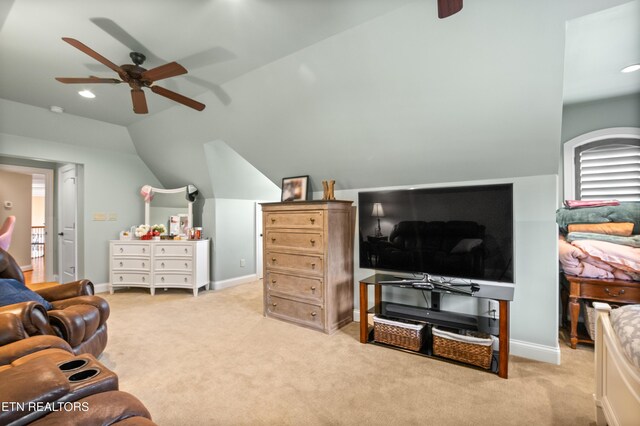 759 Indian Mountain Rd, Jellico, TN 37762 - living room with ceiling fan, vaulted ceiling, light carpet, and baseboards
