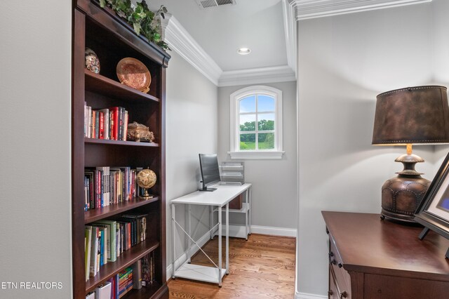 759 Indian Mountain Rd, Jellico, TN 37762 - office space featuring ornamental molding, wood finished floors, baseboards, and recessed lighting